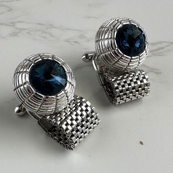 Silver Mesh Blue Cufflinks - Picture 3 of 9